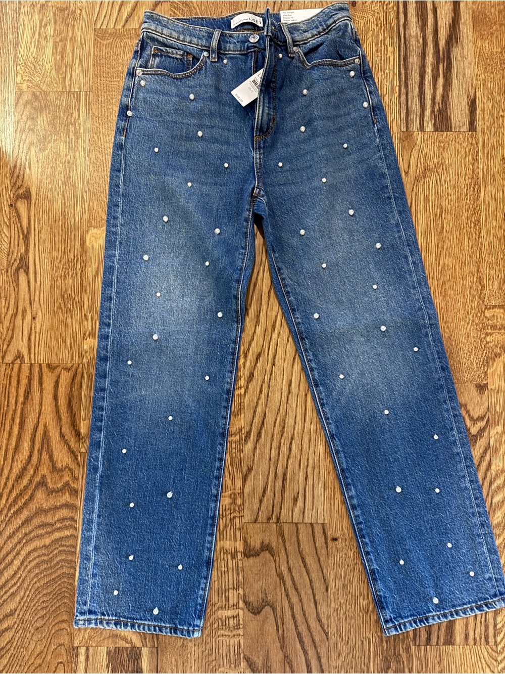 LOFT Blue Pearl-Studded Straight-Leg Jeans